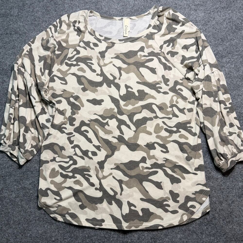Crepas Gray Camo Puff Sleeve Tunic‎ Top Large
